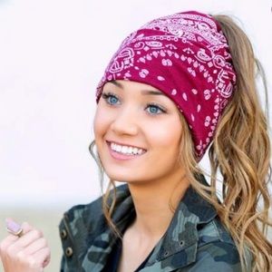 Wine Paisley Convertible Ponytail Beanie